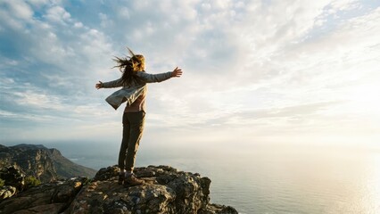 Person on Mountain Edge with Outstretched Arms Celebrating Freedom and Nature's Beauty