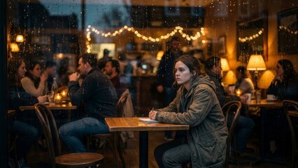 Young Woman Sitting Alone at a Table in a Cozy Cafe During Rainy Evening with Soft Lighting