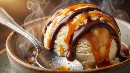 Delicious Vanilla Ice Cream with Warm Caramel and Chocolate Sauce Drizzled on Top
