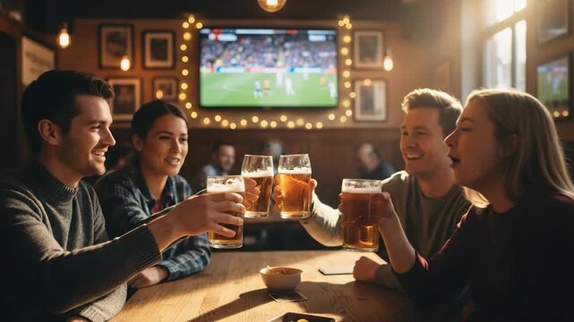 Group of friends cheers beer in bar watching sport game. Young diverse people enjoying football or soccer match on a big screen.