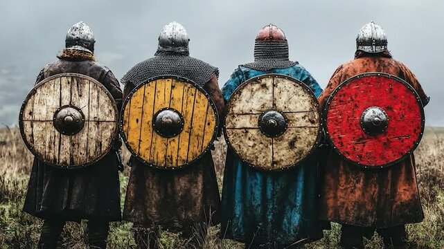 Four Viking warriors stand shoulder to shoulder with shields ready.