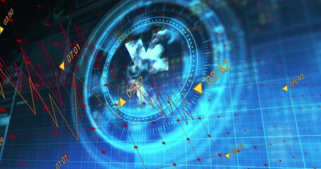 Animation of financial data processing over scope scanning with yen symbol on black background - Powered by Adobe