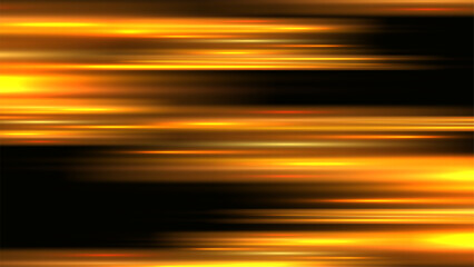 Abstract golden light streaks and horizontal motion blur on black background representing high speed energy and futuristic technology concepts