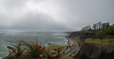 Coastal cliffs and Pacific Ocean coastline in Miraflores, Lima, Peru