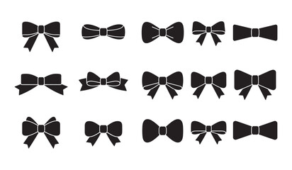 Collection of various black bow ties isolated on white background