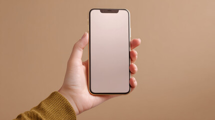 Close-up hand holding a modern smartphone isolated on neutral background. Technology and communication concept