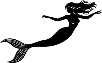 This illustration focuses on motion and freedom. The horizontal orientation and outstretched arms represent the mermaid gliding effortlessly through the deep sea. It conveys a sense of speed and fluid