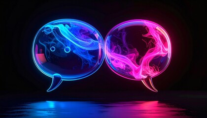 Overlapping blue and pink speech bubbles with facial features on dark background, glowing with neon vibrance, symbolizing playful dialogue, emotional exchange, and creative communication design.
