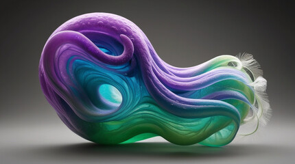 A striking 3D abstract sculpture with a fluid, organic form, featuring a vibrant blend of deep purple and teal gradients. The object has a velvety, matte texture accented by soft, translucent feathery