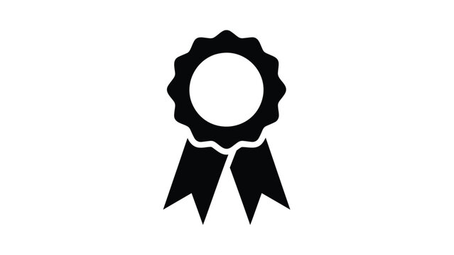 Black ribbon award icon with rosette and two tails on white background for recognition and achievement