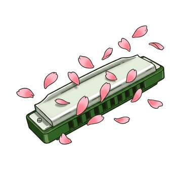 Green Harmonica with Pink Floral Petals on a Clean White Background Illustration