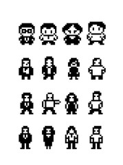 Black and white pixel art character set human figures in different poses. Minimal retro 8 bit style sprites for games, UI, icons, avatars, or indie game assets.