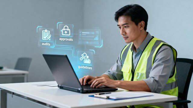 Man in safety vest working on laptop - Powered by Adobe