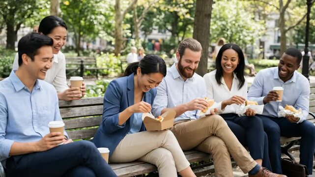 Diverse group of business people, men and women, enjoy outdoor lunch with take out food and coffee, laughing and socializing in a park.