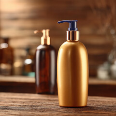 Luxury pump bottles on rustic wood surface
