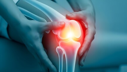Knee joint pain and inflammation anatomy. Orthopedic healthcare and injury recovery. Person holding painful leg with glowing red area showing arthritis symptoms