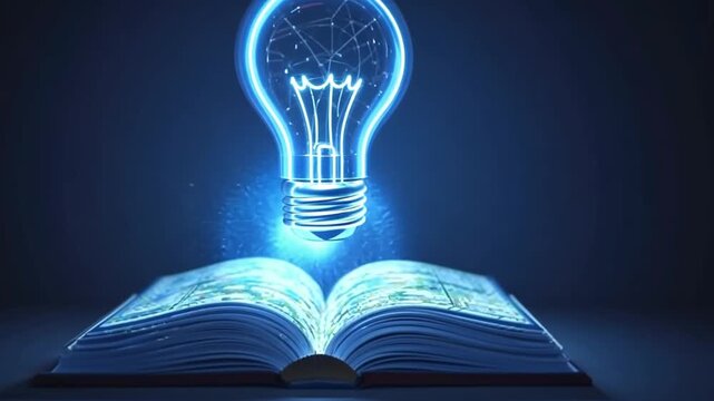 Learn about ideas and knowledge with a glowing light bulb above an open book