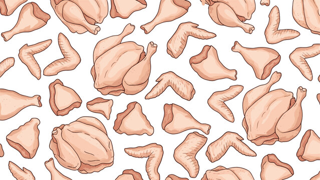 A seamless pattern of raw chicken parts, including whole chickens, wings, and legs, on a clean white background illustration.