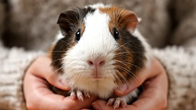Close-Up of Tricolor Guinea Pig Being Held in Human Hands