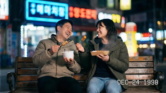 Man and woman eating street food and laughing on a bench at night. VCR date overlay for a throwback memory.