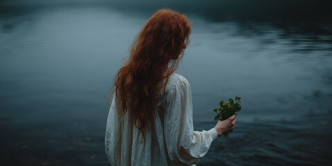 A woman with vibrant red hair holds greenery while standing by a peaceful lake, creating a serene and mysterious atmosphere.