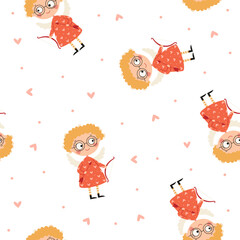 Fototapeta premium Seamless vector pattern. A cute cupid girl holding a bow and arrows, flat vector illustration on the theme of Valentine's Day. Vector illustration