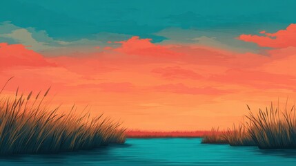 World Wetlands Day Scenic Wetland Landscape Painting with Reeds and Dark Blue Water Under Vivid Orange Sunset Conservation Concept Wetlands Sustain the Planet Future Depends on Wetlands