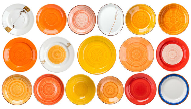 Overhead shot of a variety of colorful ceramic plates arranged against a stark black background