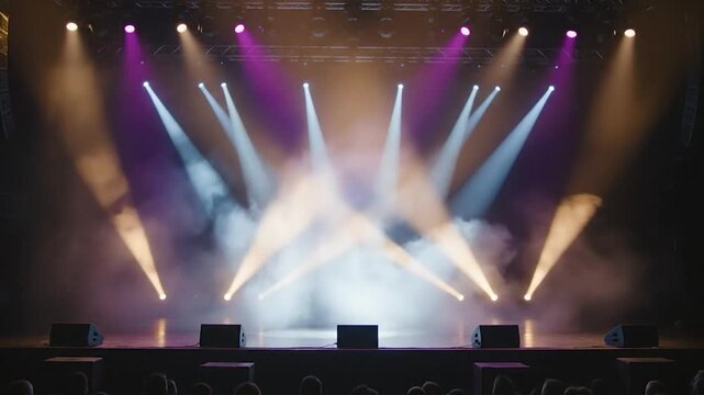 Stage lighting setup with colorful beams and fog