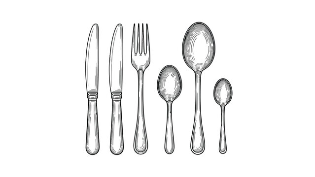 Elegant set of vintage cutlery illustrated in a detailed black and white engraving style, featuring knives, forks, and spoons for fine dining.