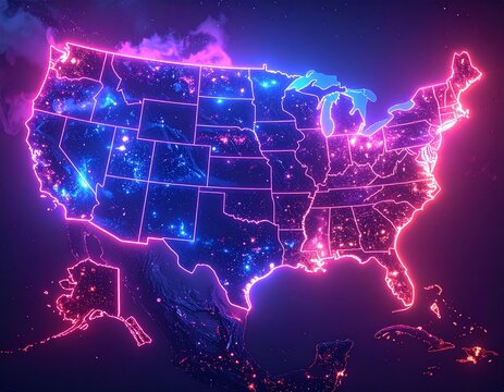Glowing Neon Map of the United States of America with City Lights.