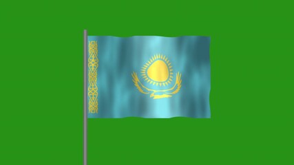 Flag of Kazakstan, Pole flag of Kazakstan on Green screen chroma key, Kazakstan 3D Animation flag waving in the wind isolated on Green Background. 
