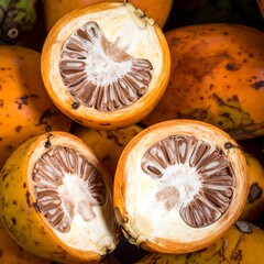 Cut areca nuts show the inner fibrous texture. Peachy exterior with specks. Close-up. Texture is detailed