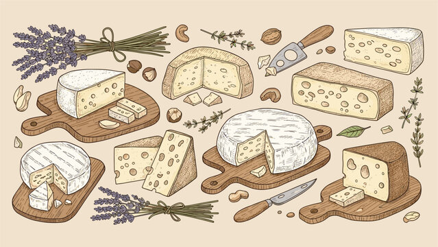 Hand-drawn vintage style collection of various types of cheese like brie and swiss, served on wooden boards with nuts and herbs.