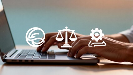 Hands typing on laptop with icons