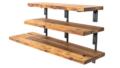 Fototapeta premium Angled wooden shelves attached to dark metal brackets, three levels
