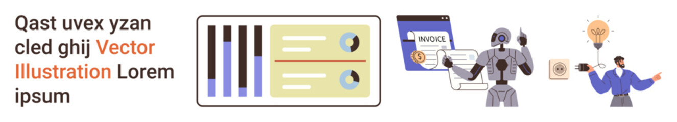 Obraz premium Automation technology, data analysis, workflow optimization, innovation, payment systems, artificial intelligence. Robot and invoice documents, human with light bulb. Automation and data analysis