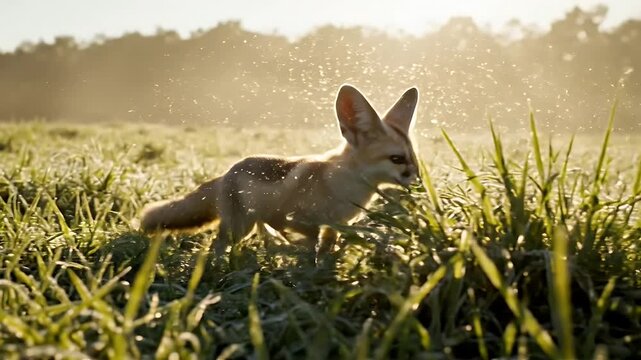 A Fennec Fox in a Field of Green Grass and Sunlight.
