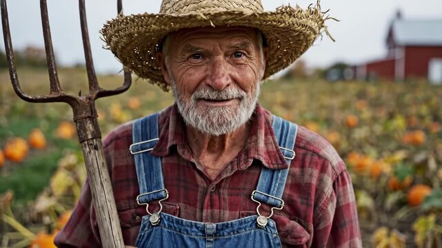 Elderly farmer in straw hat and overalls holding pitchfork in pumpkin patch.