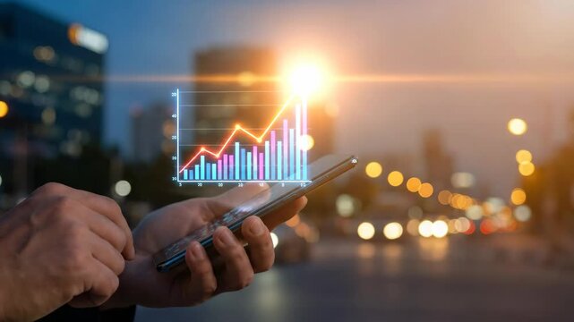 Man interacting with phone showing growth chart. Business analysis with digital data on mobile screen. Investment analysis and financial technology concept.