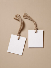 Two blank white square tags with brown twine on beige background 