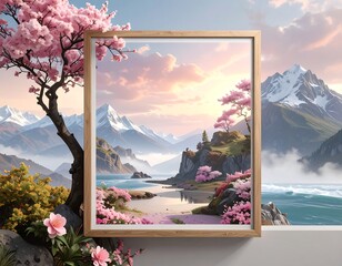 Framed misty mountain vista with pink blossoms, turquoise water, and soft clouds; a serene, calming landscape scene