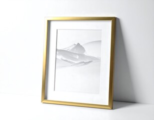 Framed print of abstract, white mountainous forms set against a white wall, gold frame, and white mat