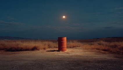 Illuminated orange barrel centered in barren landscape under a full, bright moon at night
