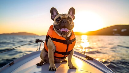 French bulldog pup sports orange life vest, sits on boat bow, ocean & sunset as backdrop, tongue lolling