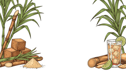 Obraz premium Vintage hand-drawn banner with sugarcane plants, raw sugar cubes, and a glass of juice, creating a frame with copy space.