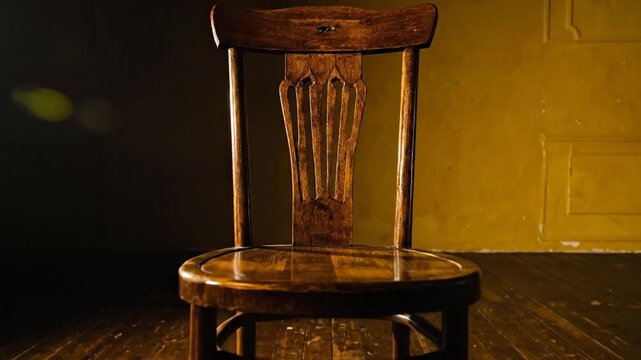 A singular wooden chair is illuminated in a dimly lit space, standing center stage on a wood floor