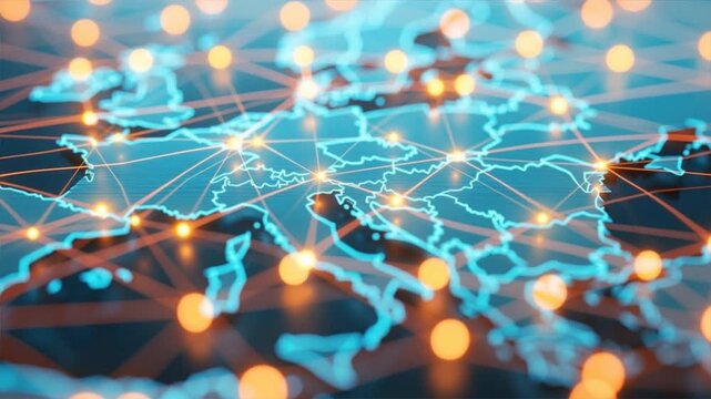 A digital representation of world map with interconnected lines and glowing nodes, symbolizing connectivity and progress.
