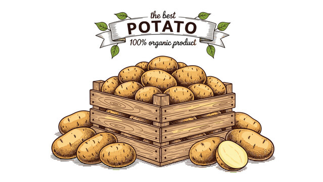Vintage-style illustration of a wooden crate overflowing with fresh organic potatoes, with a ribbon banner for text on top.