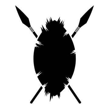 Traditional african warrior shield and crossed spears silhouette design vector